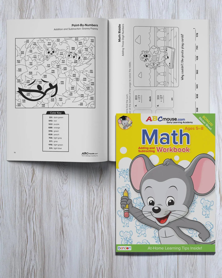Inside pages of the ABCmouse Adding and Subtracting workbook