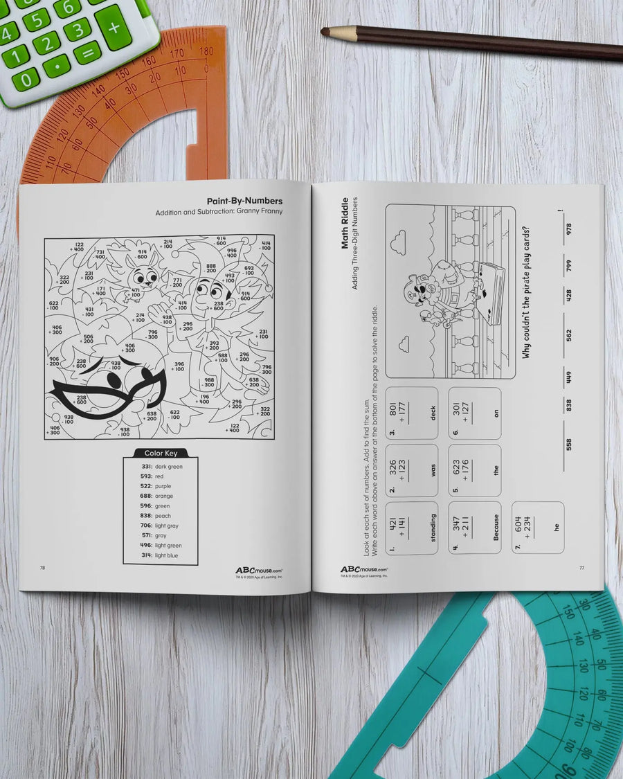 Addition and subtraction practice page featuring ABCmouse characters