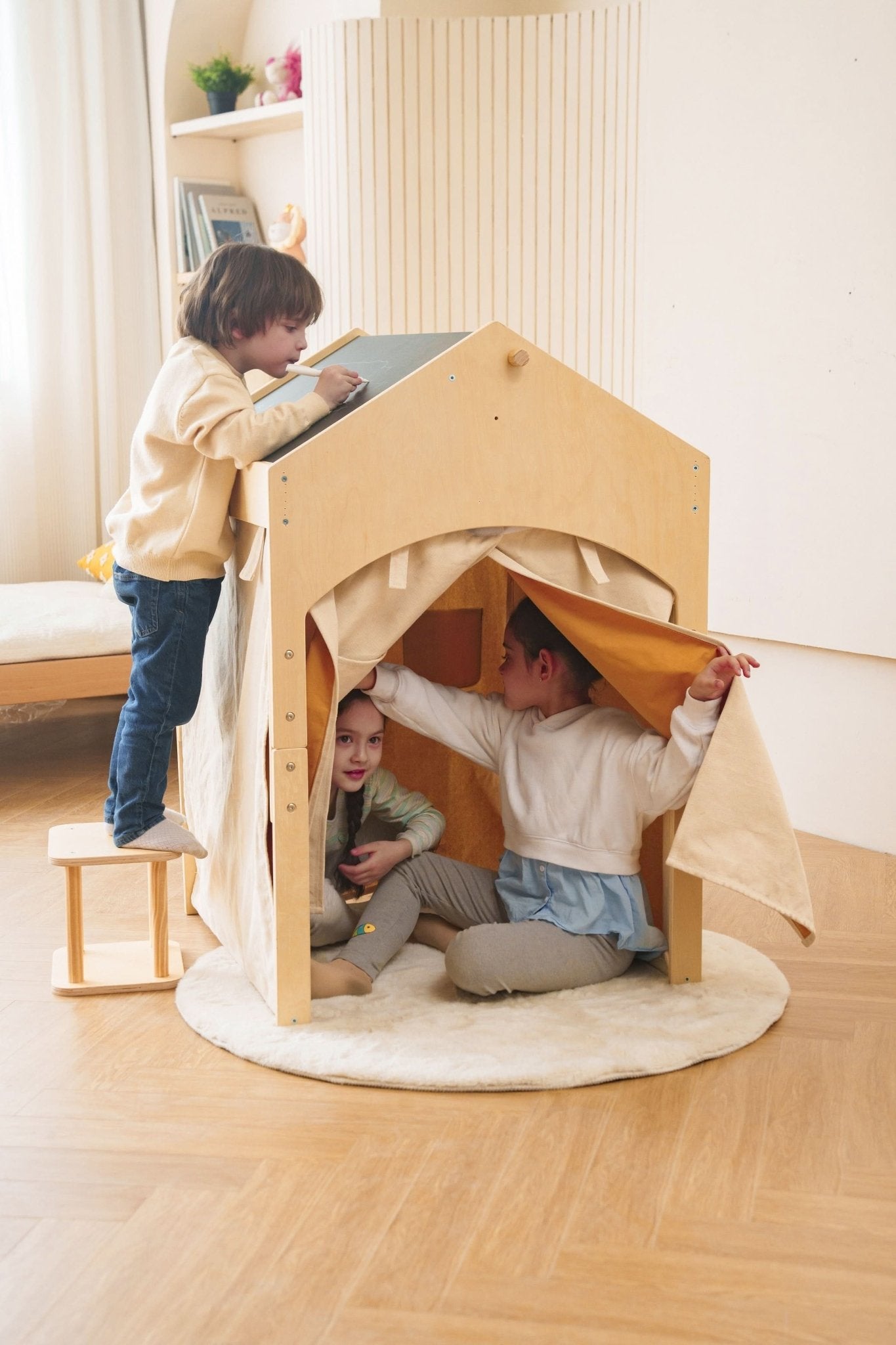 Ash Adjustable Wooden Learning Tent with Kids Desk & Chair – 2 - in - 1 Play & Study Station - ABCmouse