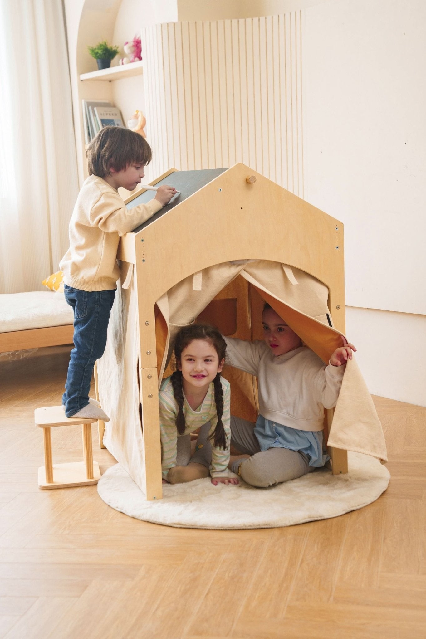 Ash Adjustable Wooden Learning Tent with Kids Desk & Chair – 2 - in - 1 Play & Study Station - ABCmouse