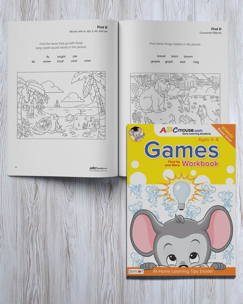 Find-it puzzle and brain teaser page featuring ABCmouse characters
