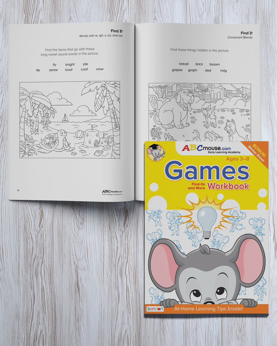 Find-it puzzle and brain teaser page featuring ABCmouse characters