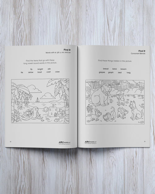 Inside pages of the ABCmouse Find-Its and More puzzle workbook